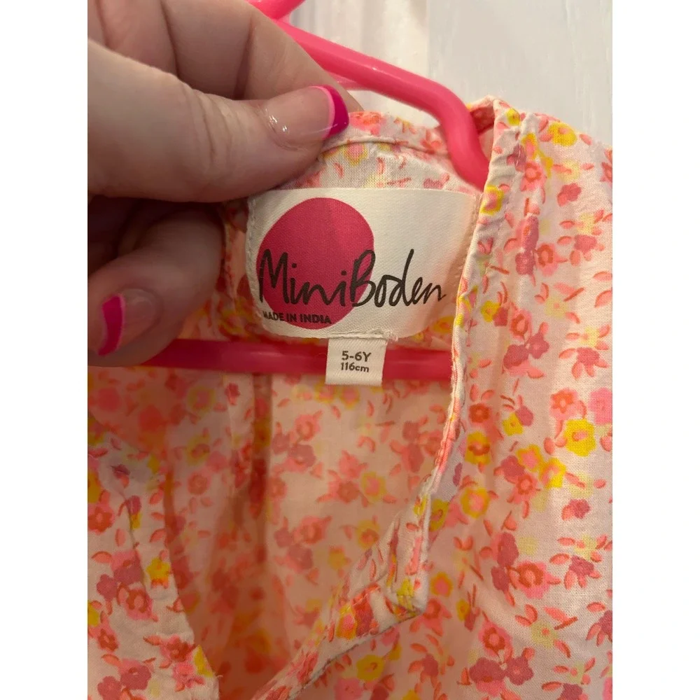 Mini Boden Dress Pink Orange Floral Pom Pom Trim Short‎ Sleeve Girls 5-6Y